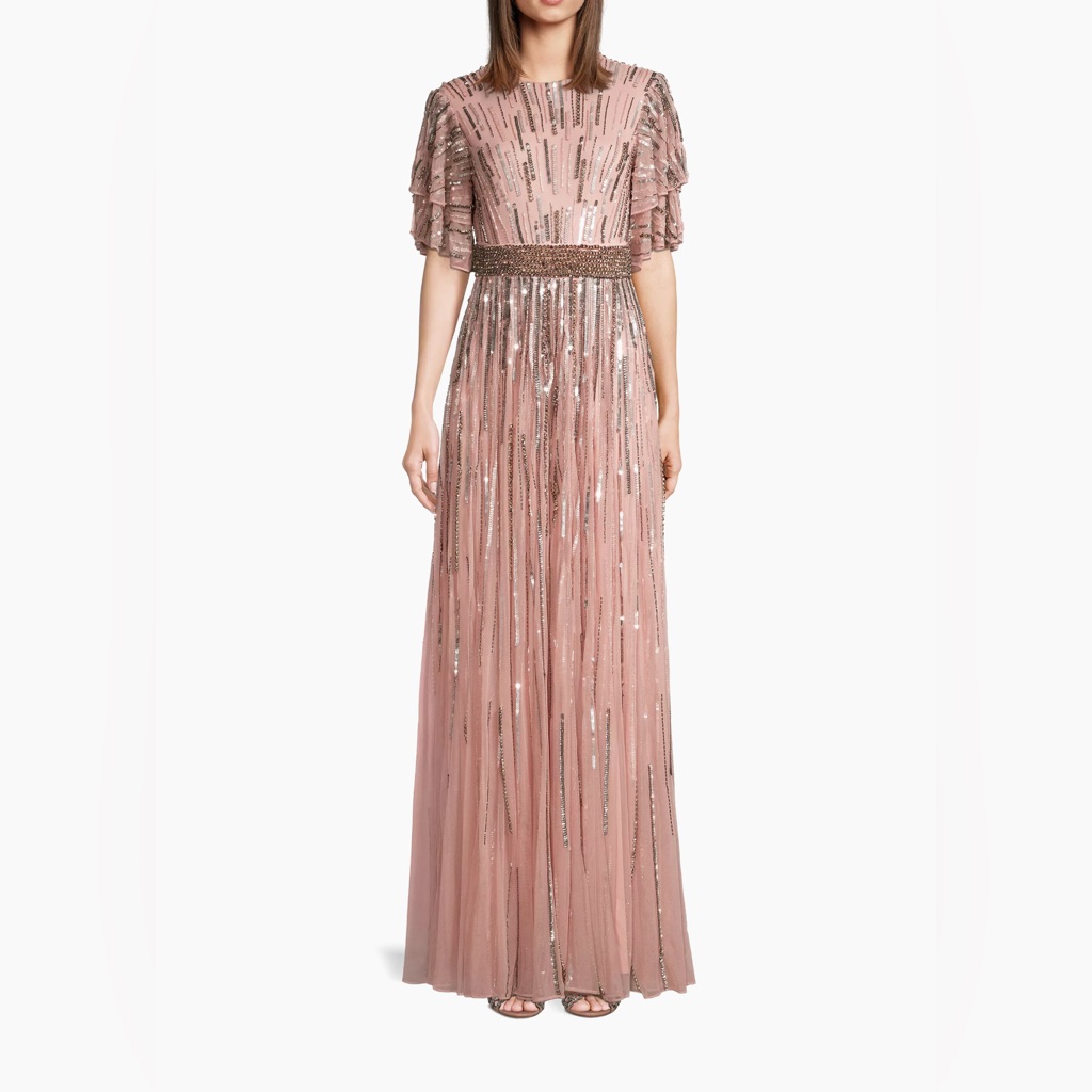 Mac Duggal 93582 Embellished Full Length Layered Sleeve Gown Size14 Vintage Rose